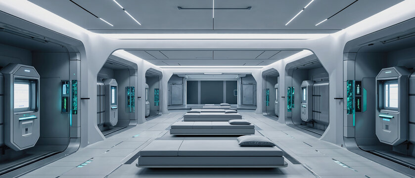 Futuristic barracks with sleeping pods and biometric lockers. Minimalist crew quarters interior in gray tones. High-tech spaceship cabin concept