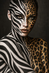 Fototapeta premium Zebra and Leopard Body Paint Portrait Symbolizing Duality and Wild Nature