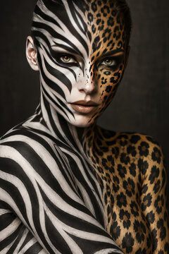 Zebra and Leopard Body Paint Portrait Symbolizing Duality and Wild Nature