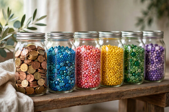 Colorful savings jars on wooden shelf
