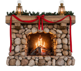 Obraz premium PNG Rustic stone fireplace with glowing fire, lanterns, red ribbon
