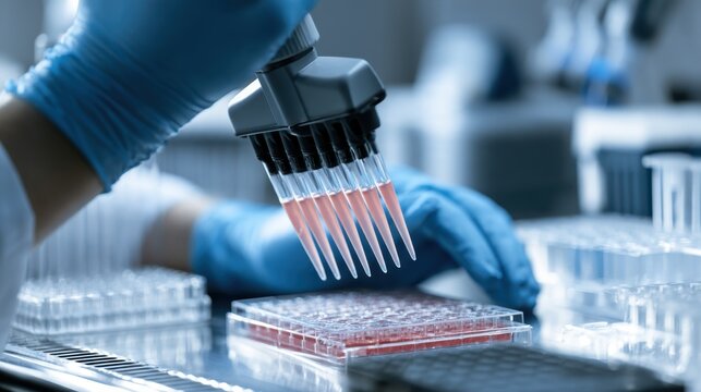 Scientist in blue gloves using a multichannel micropipette and microplate for scientific research and laboratory testing(바이오 실험 및 피펫 분석 컨셉)