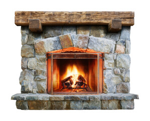 Obraz premium PNG Rustic stone fireplace with glowing fire and wooden mantel