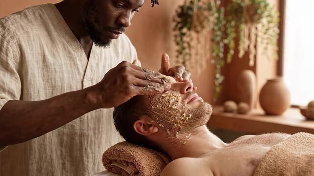 A male cosmetologist applies an exfoliating face scrub to a young caucasian man in a warm spa setting room.