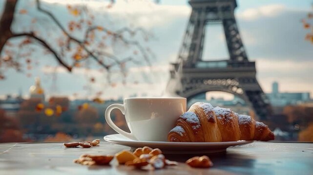 Steaming Coffee and Croissant with Eiffel Tower View in Paris