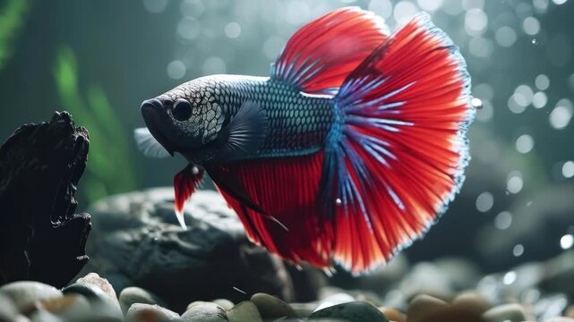 Vibrant Red and Blue Betta Fish with Flowing Fins in an Aquarium