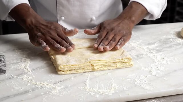 A male chef with dark skin folding layered puff pastry dough on a marble surface in a commercial kitchen.