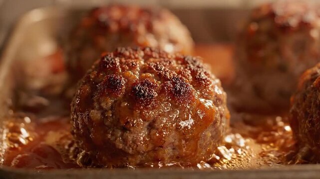 Juicy meatballs cooking in savory sauce, close-up view in oven tray with bubbling liquid