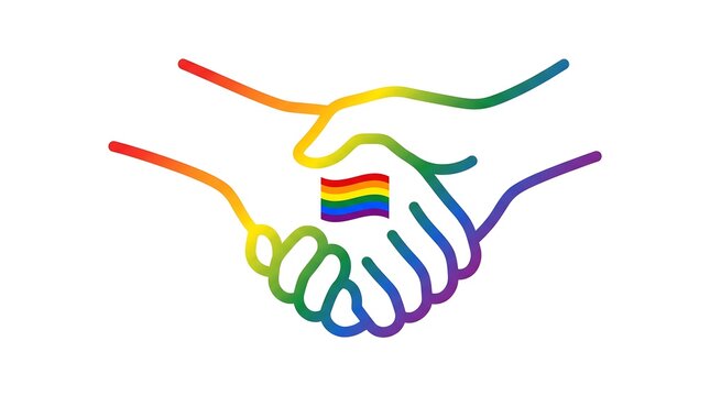 Minimalist rainbow colored handshake graphic illustration symbolizing unity for national coming out day with pride month lgbtq equality human connection vector art lgbt rights gay pride