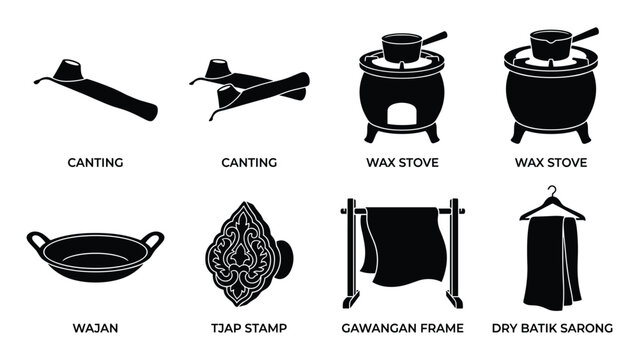 Black silhouette set of traditional batik making tools including canting, wax stove, wajan, tjap stamp, and a drying frame with fabric