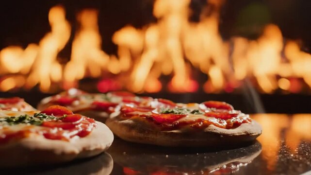Close-up of freshly baked pepperoni pizzas with basil, warm glow of fire in the background, food and culinary scene