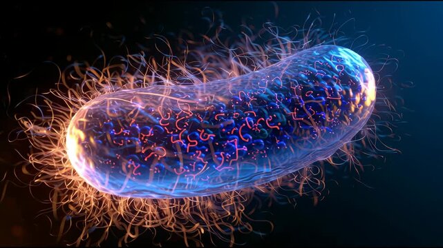 A bacterium is shown with bright edges and moving particles around it, displaying its shape and structure over time in a dark setting.