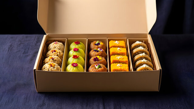 Open plain rigid gift box holding separate neat rows of generic Indian sweets for Diwali celebration, hospitality, gifting and seasonal campaign