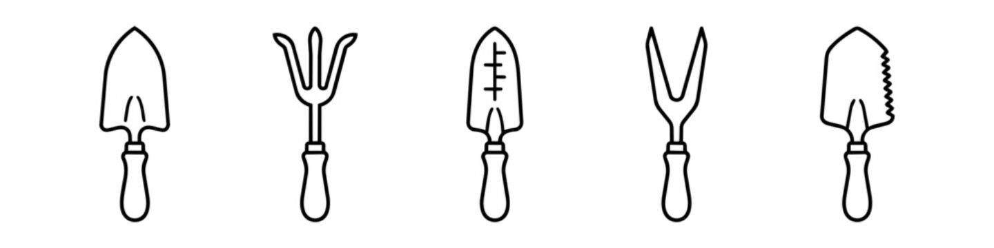 Gardening hand tools line icon set. Outline vector illustration of trowel, hand rake cultivator, transplanting trowel, weeding fork, and serrated shovel isolated on white background.