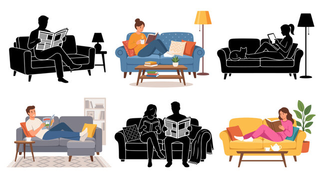 Professional vector collection featuring different styles of people reading books on sofas at home, including men and women sitting comfortably, reading novels, magazines, newspapers