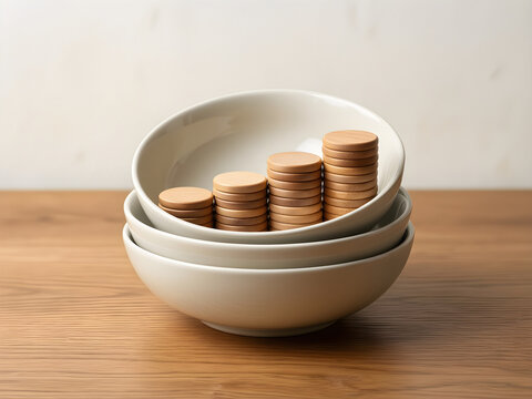 Completed practical result featuring nested ceramic bowls holding increasing groups of unmarked wooden tokens, reduced to an adaptable high-clarity campaign composition for savings, budgeting