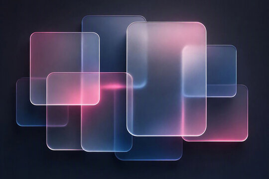 Abstract glass squares with neon pink and blue light beams, modern futuristic gradient background art