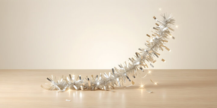 Sparse large silver and champagne paper confetti tracing one rising curve for New Year 2027 celebration, hospitality and annual-planning campaign