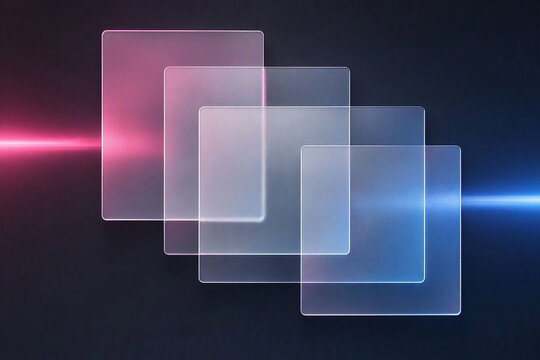 Abstract glass squares with neon pink and blue light beams, modern futuristic gradient background art