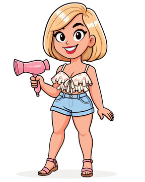 Cute Housewife Woman Character Holding Hair Dryer, Cartoon Vector Illustration