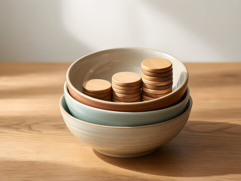 Wider real-world system centered on nested ceramic bowls holding increasing groups of unmarked wooden tokens, reduced to an adaptable high-clarity campaign composition for savings, budgeting