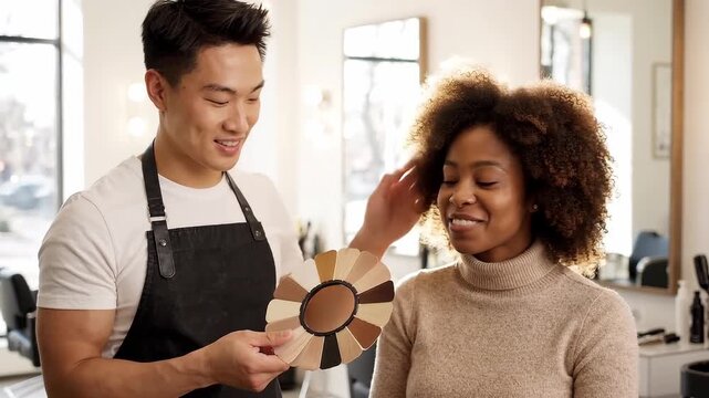 Asian male hairstylist consults an African American female client about hair color in a professional salon.