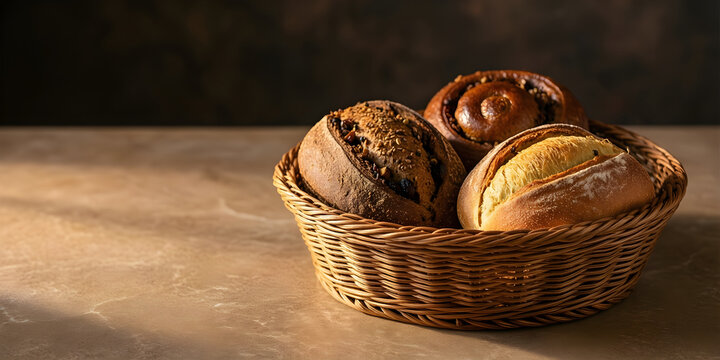Low woven bread basket holding three distinct rustic dinner rolls for Thanksgiving hospitality, grocery and family-table campaign