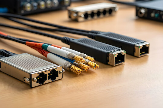 Completed practical result featuring several distinct unbranded optical transceiver modules beside clean fiber ends, reduced to an adaptable high-clarity campaign composition for telecommunications