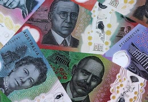 Australian dollar money bills in pile. Big amount of Australia AUD currency cash close up