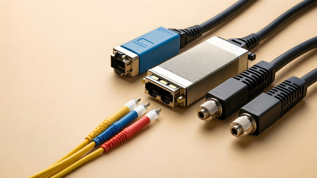 Wider real-world system centered on several distinct unbranded optical transceiver modules beside clean fiber ends, reduced to an adaptable high-clarity campaign composition for telecommunications