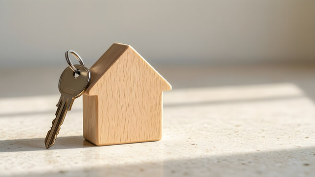 Functional process state built around a generic metal house key beside a simple wooden home-shaped block, reduced to an adaptable high-clarity campaign composition for mortgage, property and home
