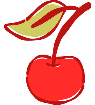 Hand Drawn Minimal Red Single Cherry with Leaf Vector Clipart Sweet Fruit Graphic for Sticker and Print