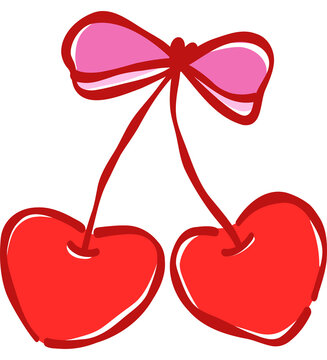 Hand Drawn Red Double Cherry with Pink Ribbon Bow Coquette Sweet Fruit Clipart Vector for Girl Apparel Print