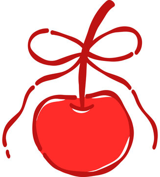 Cute Hand Drawn Single Red Cherry with Thin Ribbon Bow Coquette Fruit Vector Clipart for Sticker Print