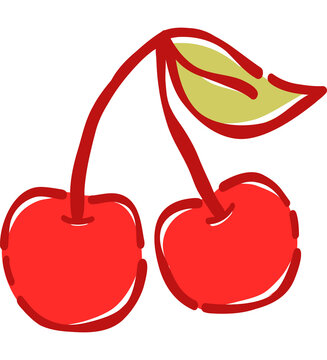 Hand Drawn Classic Red Double Cherry with Green Leaf Sweet Summer Fruit Vector Clipart for Pattern and Print