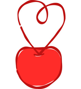 Cute Heart Stem Red Cherry Pair Hand Drawn Coquette Fruit Vector Illustration for Romantic Card Design