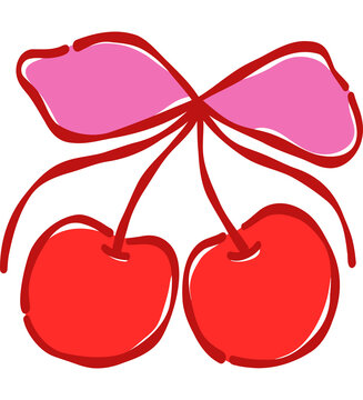 Hand Drawn Red Double Cherry with Pink Bowknot Coquette Fruit Vector Illustration for Girl Apparel Print