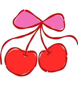 Cute Hand Drawn Red Double Cherry with Thin Pink Ribbon Bow Coquette Fruit Vector Clipart for Card Design