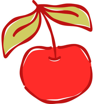 Cute Large Single Red Cherry with Green Leaf Hand Drawn Summer Fruit Vector Clipart for Poster and Print
