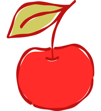 Cute Large Single Red Cherry with Green Leaf Hand Drawn Summer Fruit Vector Clipart for Poster and Print