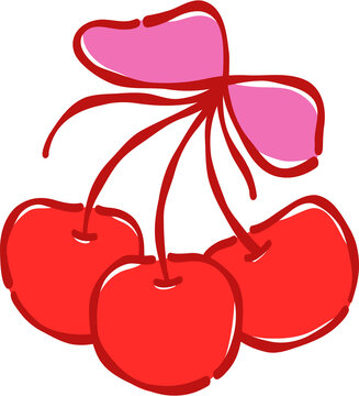 Hand Drawn Red Triple Cherry Cluster with Pink Bow Coquette Sweet Fruit Vector Clipart for Sticker Print
