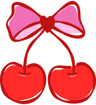 Hand Drawn Red Double Cherry with Pink Bowknot Coquette Fruit Vector Illustration for Girl Apparel Print