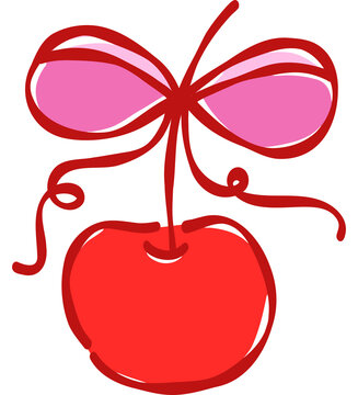 Hand Drawn Single Red Cherry with Curly Pink Ribbon Bow Coquette Sweet Fruit Vector Clipart for Sticker Print