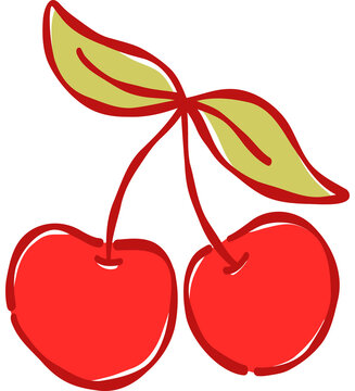 Hand Drawn Classic Red Double Cherry with Green Leaf Sweet Summer Fruit Vector Clipart for Pattern and Print
