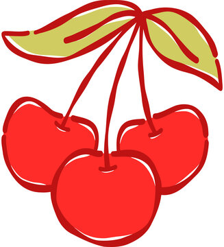 Hand Drawn Red Triple Cherry Cluster Vector Illustration Sweet Coquette Fruit Clipart for Textile Print