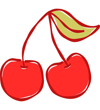 Hand Drawn Minimal Red Double Cherry with Leaf Vector Clipart Sweet Fruit Graphic for Sticker and Print