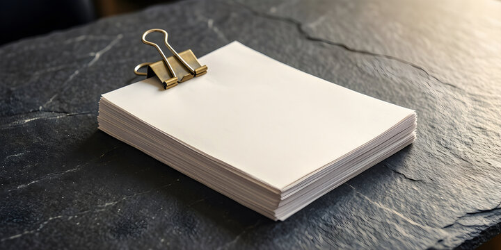 Completed practical result featuring a neat stack of completely blank paper sheets held by one plain brass clip, reduced to an adaptable high-clarity campaign composition for administration, contracts