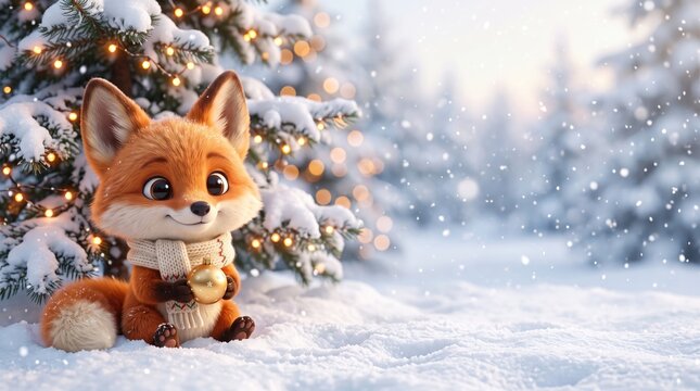 Cute cartoon fox wearing a knitted scarf holding a golden christmas ornament in a snowy winter forest with fairy lights with copy space