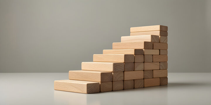 Clear commercial arrangement of ascending wooden blocks with one continuous raised path and no symbols, with its physical process or state transition clearly visible for business growth and long-term