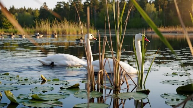 Graceful pair of white swans gracefully gliding across a tranquil lake with lily pads and reeds, nature scene